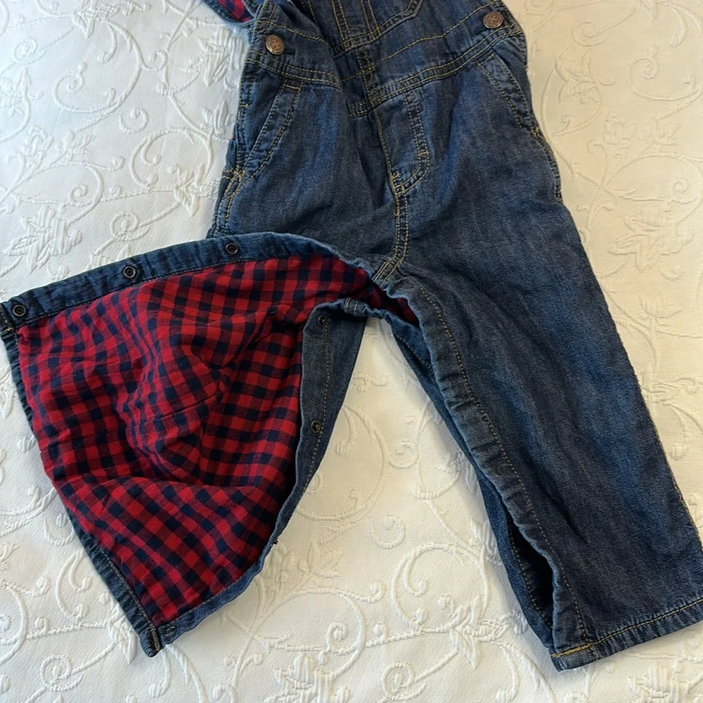 OSHKOSH B'GOSH Red & Navy Plaid Flannel Lined Denim‎ Overalls 24 Months